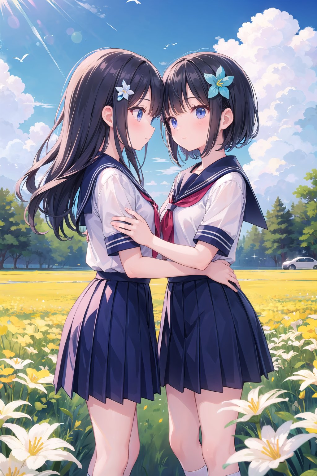 (masterpiece), 2girls, school uniform, flower hairornament, flower field, lilly, yuri