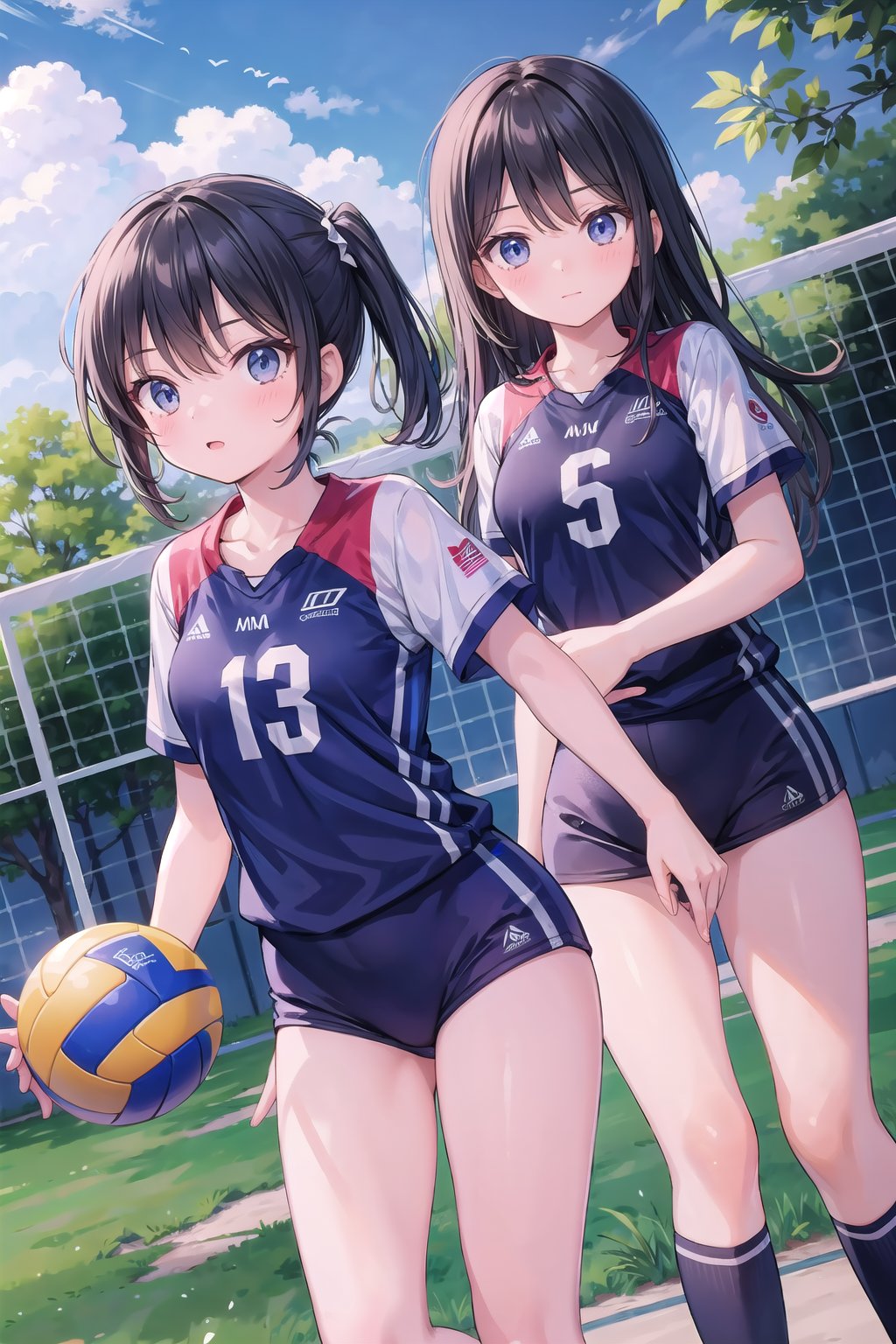 (masterpiece), (2girls), volleyball uniform, dynamic angle