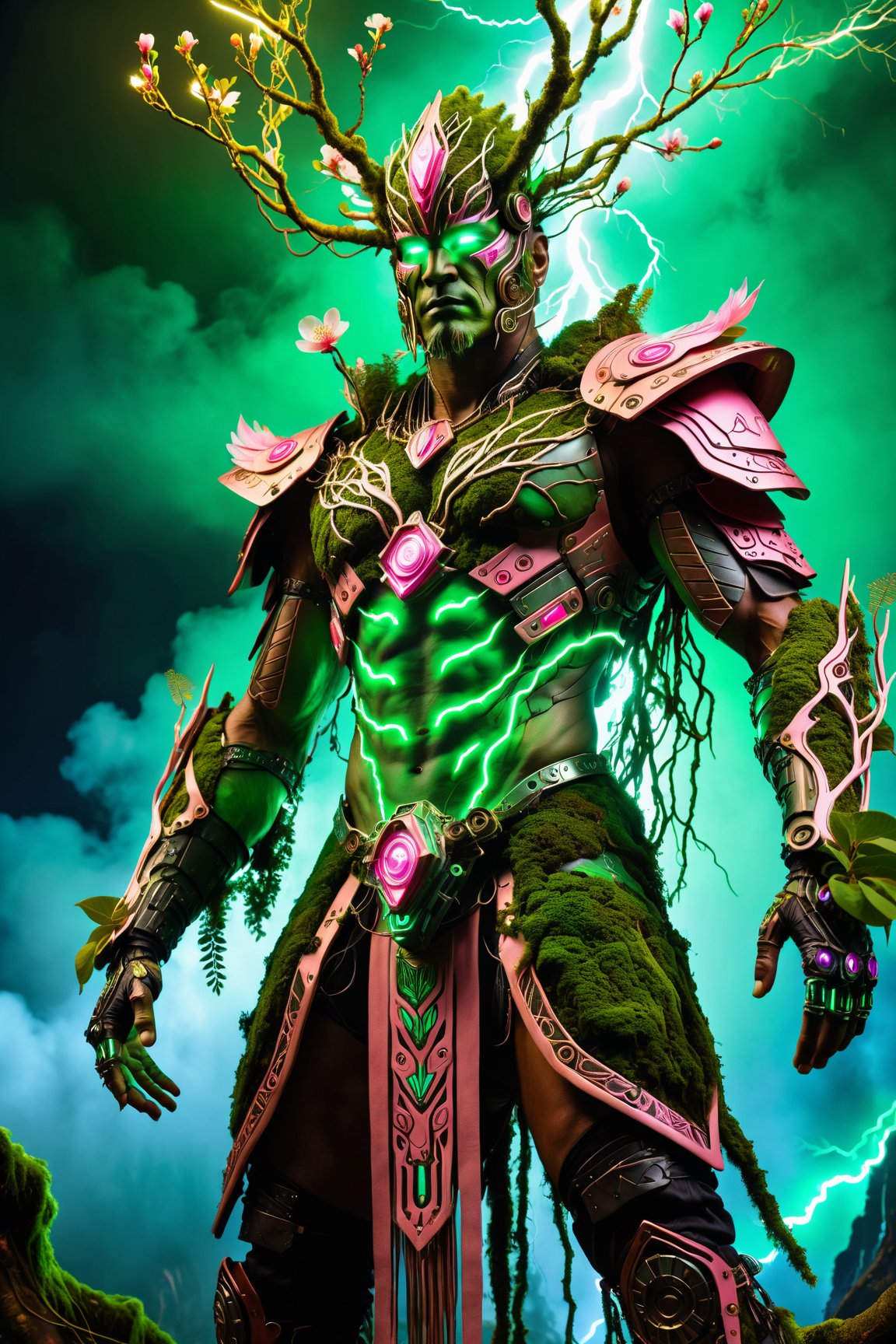 (The king),(Cyberpunk Treeman),metal leaves,wired branches,glowing light eyes,mechanical bark,with moss-covered bark,tribe outfit,(ancient tribal markings),control tendrils extending from the arms,Neon lights dancing on the body,(Lightning around branches and leaves),(peach blossom),Soft and delicate petals,vivd colour,(A harmonious blend of green and pink),(Ominous dark clouds in the sky),Night atmosphere,A futuristic,Vivid colors and high-contrast lighting,Dramatic shadows and highlights.(best quality, 4k, 8k, masterpiece: 1.2), ultra fine, (realistic, photo realistic, photo realistic: 1.37)