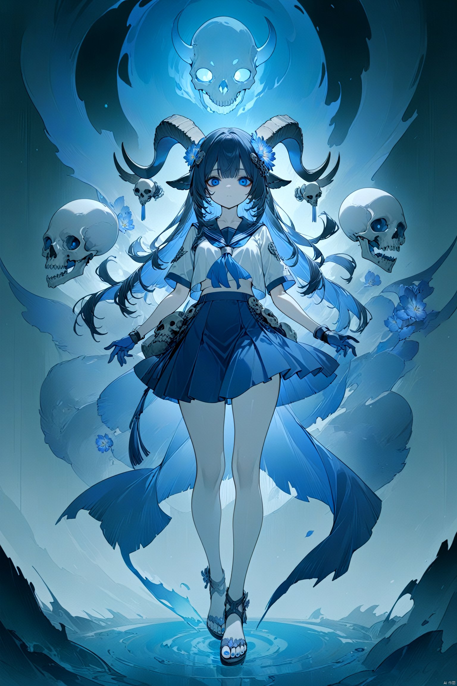  masterpiece,best quality,
(full body),standing,looking at viewer,(solo),
(1girl:1.5),solo,serafuku,lycoris flower,(goat skull:1),(horror),
(gloomy),(blue pigment:1.33),(hollow eyes:1),(expressionless
eyes),cowboy shot,ghost behind,floating animal skull,
(hanya, hair ornament:1.1),1girl,gloves,breasts,toenail
polish,makeup,( good hands, nice hands:0.5),(beautiful face),
((intricate detail)),clear face,