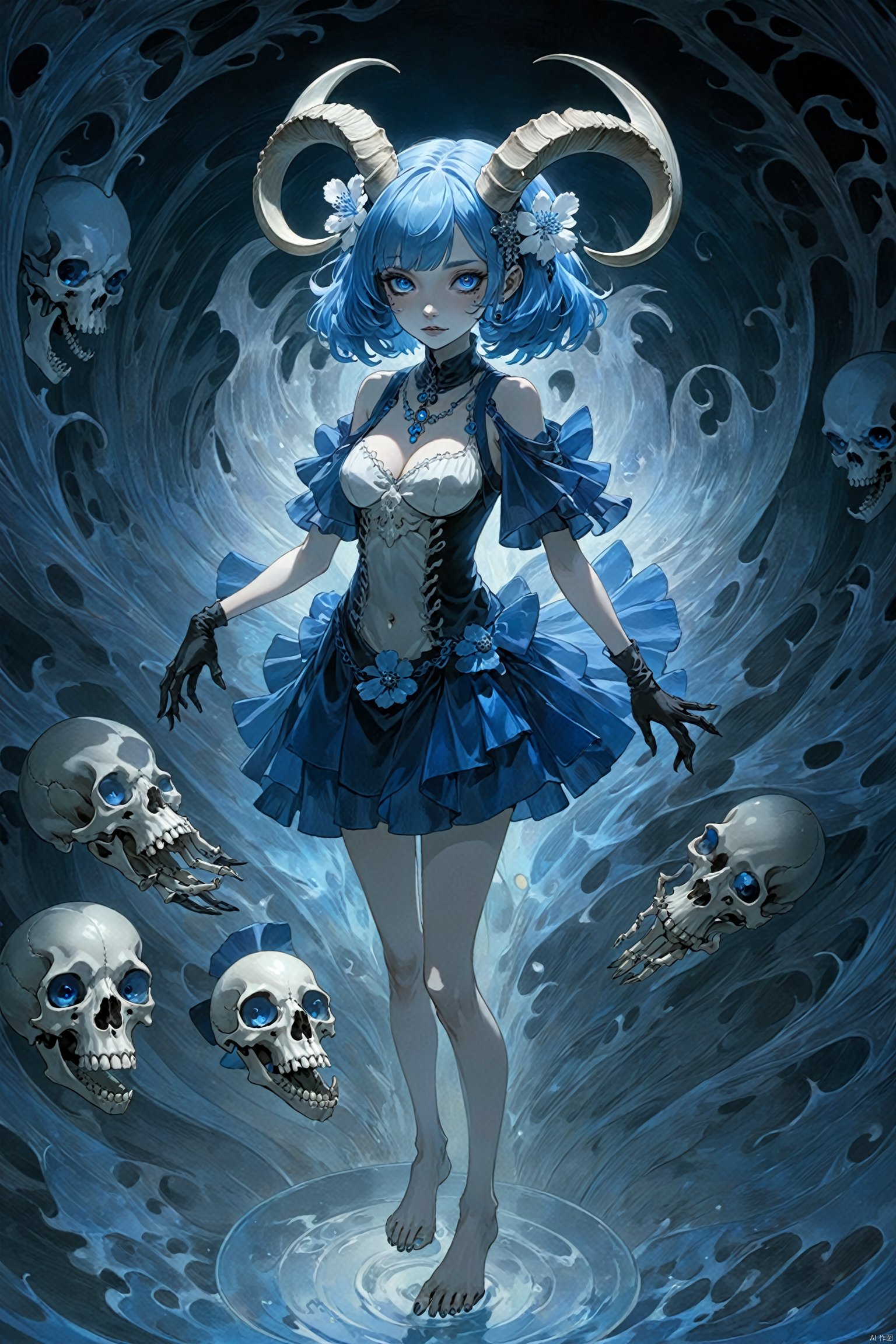  masterpiece,best quality,
(full body),standing,looking at viewer,(solo),
(1girl:1.5),solo,serafuku,lycoris flower,(goat skull:1),(horror),
(gloomy),(blue pigment:1.33),(hollow eyes:1),(expressionless
eyes),cowboy shot,ghost behind,floating animal skull,
(hanya, hair ornament:1.1),1girl,gloves,breasts,toenail
polish,makeup,( good hands, nice hands:0.5),(beautiful face),
((intricate detail)),clear face,