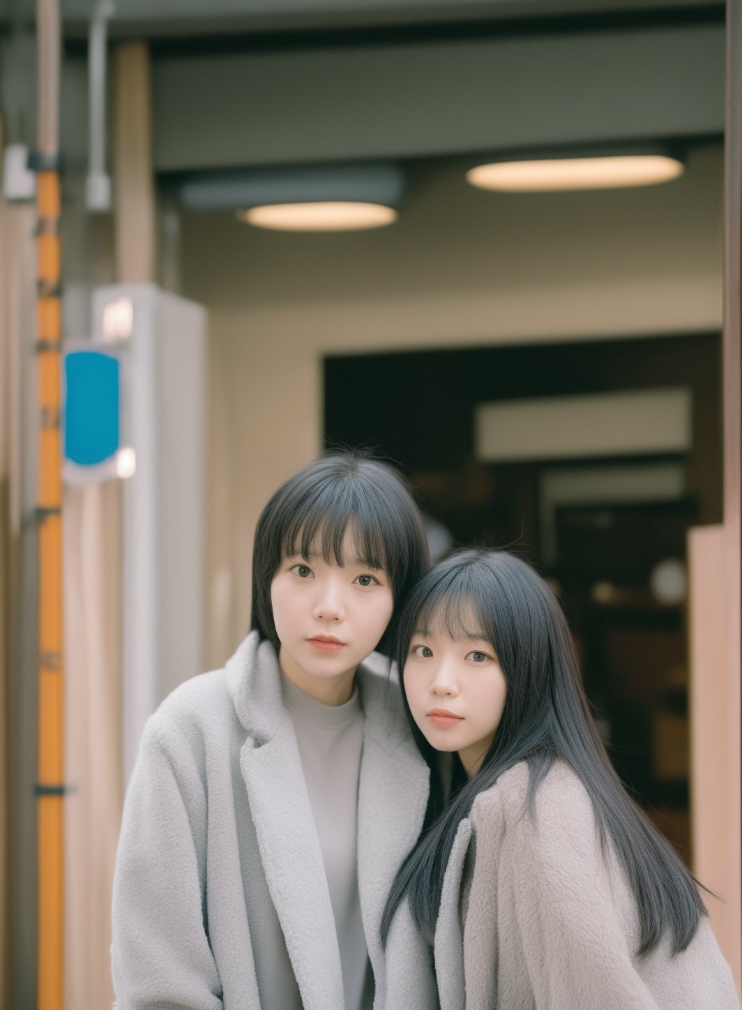 35mm —w 1920 —h 1080, fuji 50r 35mm, photo 15mm, photo 35mm, araffe woman in a white top and a gray jacket, bae suzy, portrait of female korean idol, chiho, sui ishida with black hair, 奈良美智, she has black hair with bangs, shikamimi, train station, blurry background, hwang se - on, iu lee ji-eun as a super villain, moody, soft light, bokeh,fujifilm, street photography, 35mm film, 