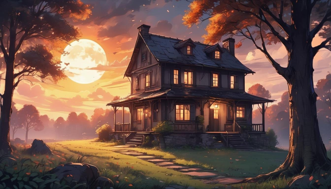 <lora:Dreamyvibes - Alt-Version - Trigger is Dreamyvibes Artstyle:1> dreamyvibes artstyle, a small house on a hill, surrounded by  trees  and  a cloudy sky . The house is lit up by a single light, creating a warm and cozy atmosphere. The scene is set against a dark night sky, with the moon visible in the distance. The landscape is quite peaceful, with  the house  and the surrounding trees providing a serene and peaceful atmosphere.