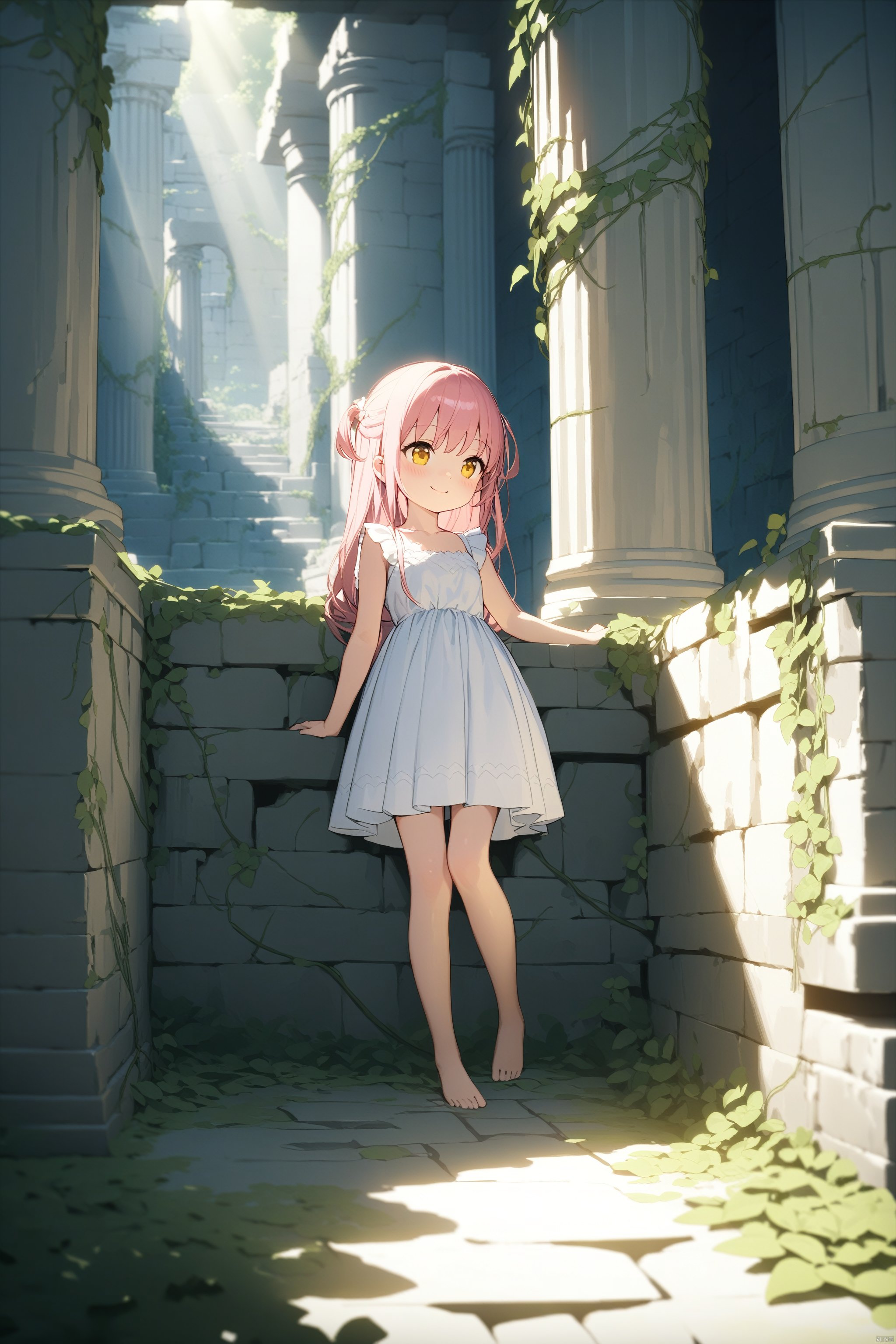  (masterpiece),(best quality),1girl, loli, solo, pink hair, long hair, yellow eyes, ancient ruins, columns, stone structures, vines, overgrown, exploring, white dress, bare feet, smile, looking around, sunlight streaming through cracks, best quality, highly detailed, cinematic lighting, sense of wonder, masterpiece