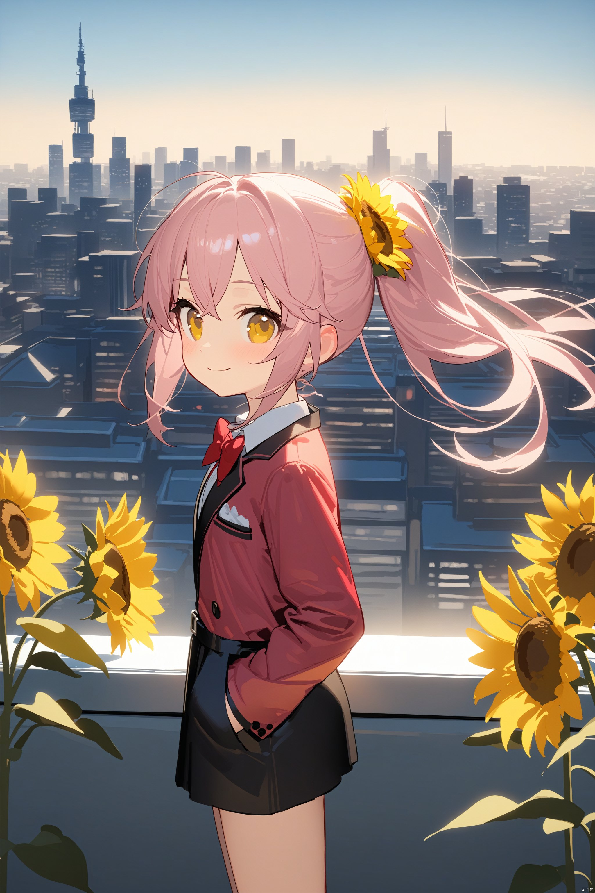 (masterpiece),(best quality),(loli：1.2),(petite:1.2),long hair,Pink hair,Yellow eyes, (red Jacket),high ponytail,white collared shirt,hair flower,fipped hair,floating hair,Frown,hands in pockets,black dress,red bowtie,(solo),sky, skyline, skyscraper, smile, solo, sunflower, tower, upper_body,white flower