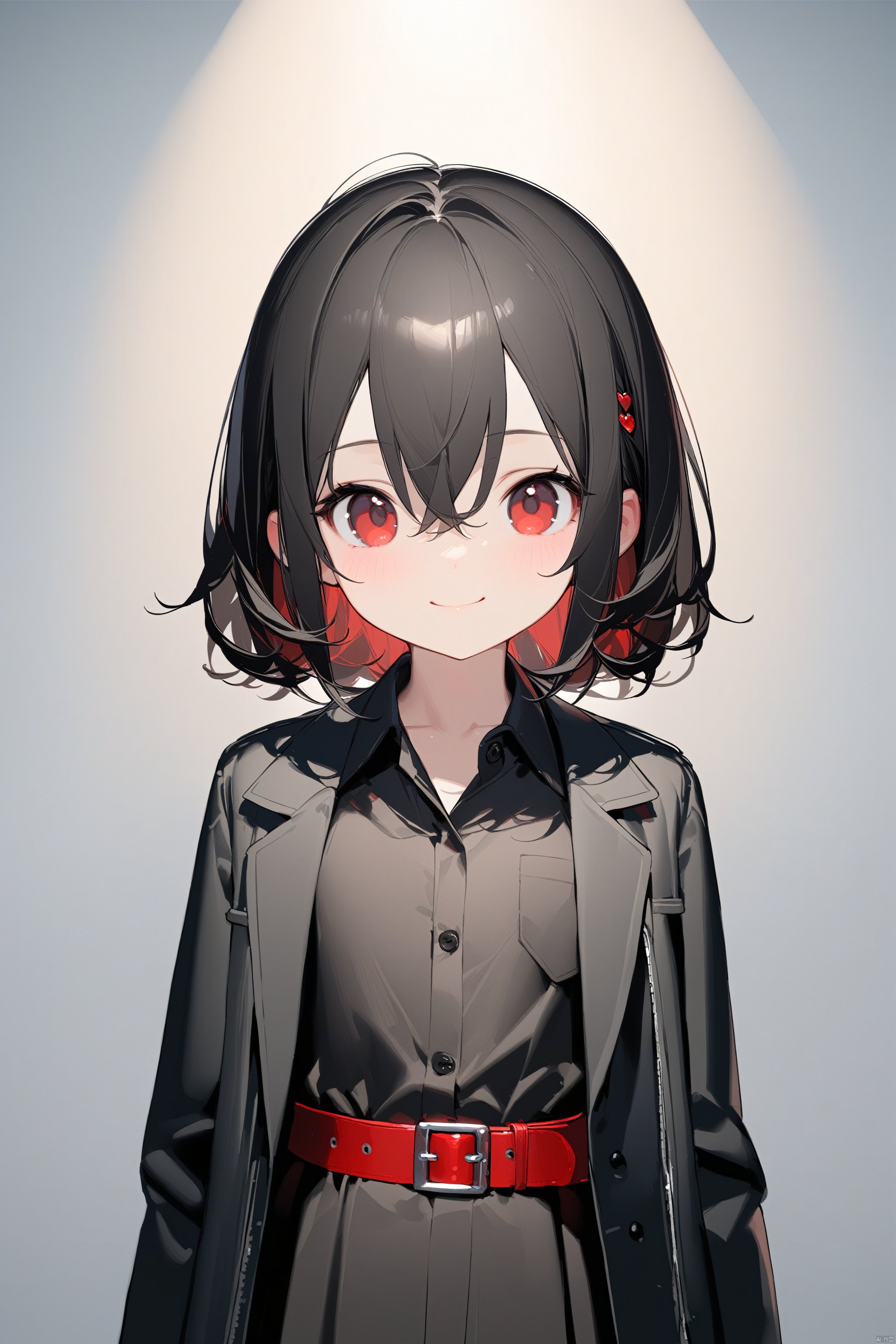  (masterpiece),(best quality),petite,loli,solo, red_eyes, black_hair, smile, looking_at_viewer, shirt, jacket, belt, black_shirt, hair_between_eyes, closed_mouth, open_clothes, upper_body