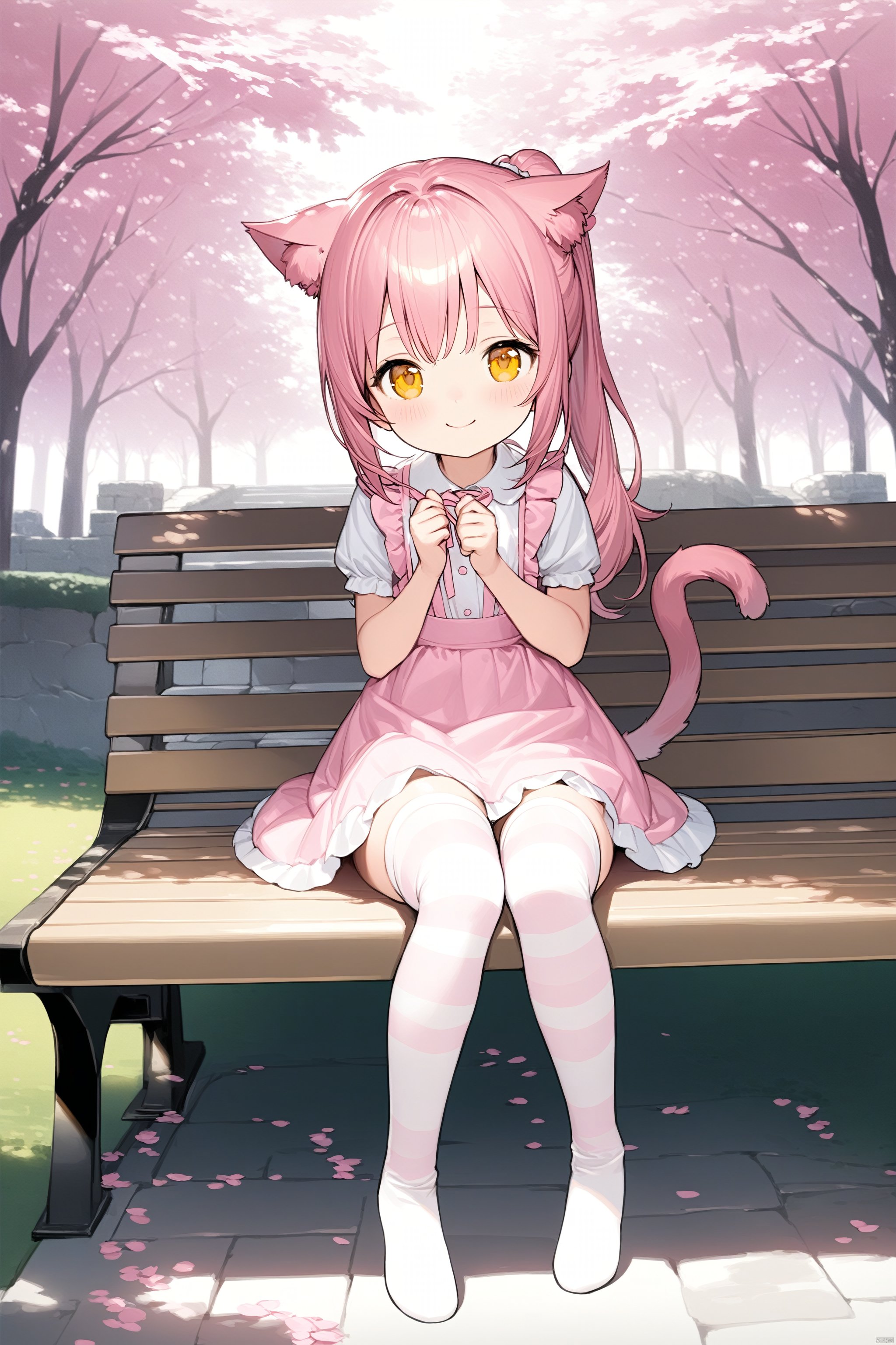  (masterpiece),(best quality),1girl, loli, solo, pink hair, long hair in ponytail, yellow eyes, cat ears, sitting, looking at viewer, full body, wearing white shirt with pink bow, pink skirt, pink and white striped thigh highs, pink cat tail swishing gently, pink haired cat girl, outdoor scene, sakura tree in bloom, pink petals falling, stone bench, rays of sunlight streaming through branches, rays lighting up hair and dress, detailed textures, lifelike fur on ears, soft expression, cute smile, Fine Hands, Beautiful Hands, Perfect Hands, Delicate Hands, Fine Line Drawing