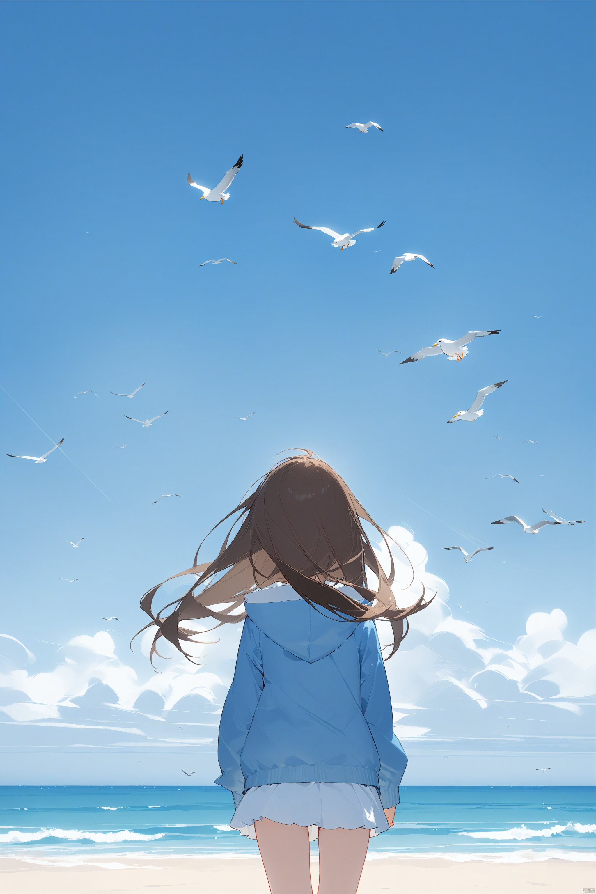  (masterpiece),(best quality),petite,loli,1girl, bird, solo, long_hair, sky, cloud, seagull, outdoors, ocean, horizon, from_behind, day, hood, black_hair, hood_down, blue_sky, white_bird, facing_away, brown_hair, wind, water, cloudy_sky, long_sleeves