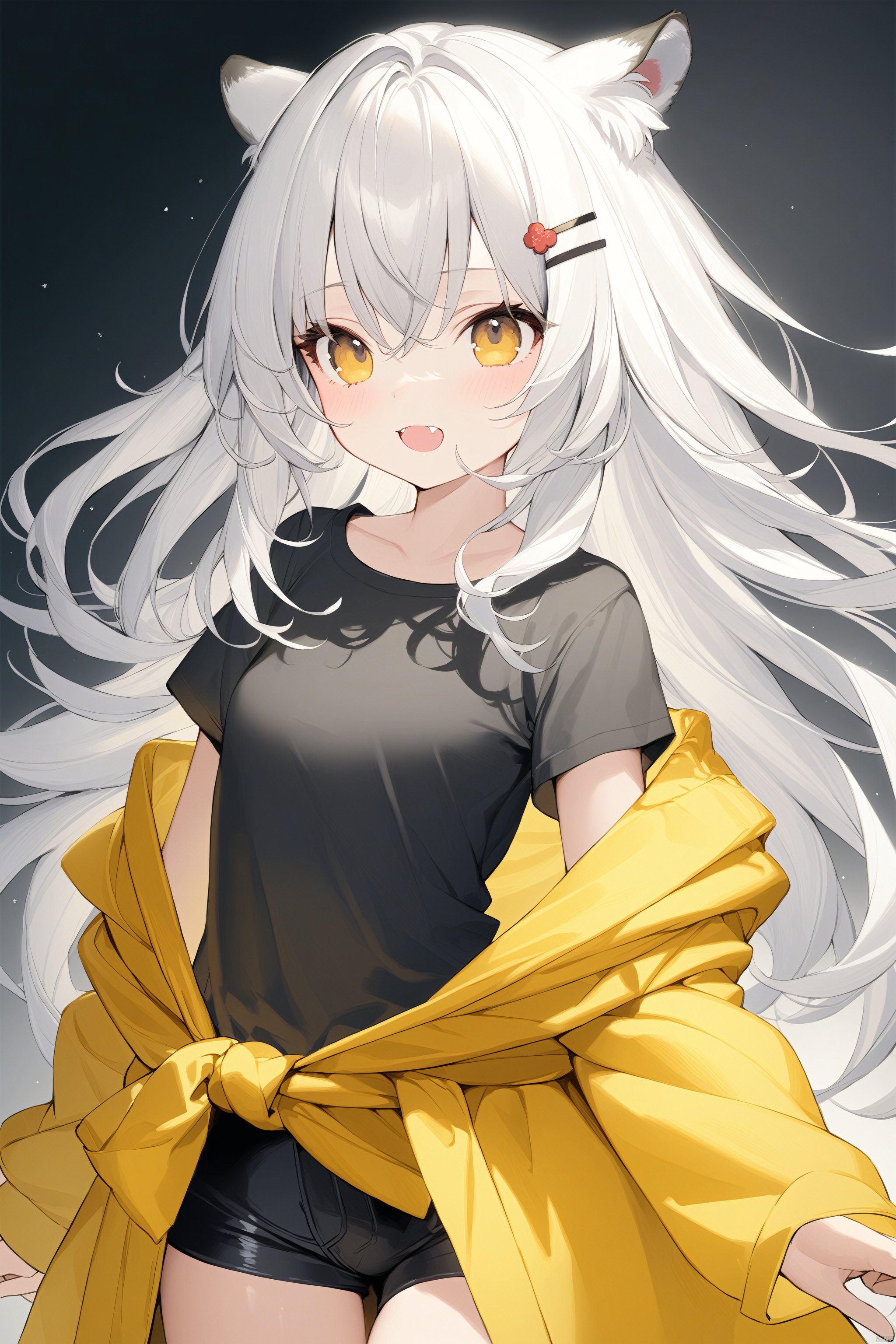  (masterpiece),(best quality),loli,petite,medium breast,(panorama:1.2),causticstail,disheveled hair, messy hair, long bangs, floating hair,highleg,{{short shorts}},solo,{an extremely delicate and beautiful}++++loose clothes,(black t-shirt:1.4)++,hairclip,++(animal print:1.2)++++Yellow eyes,white hair,tiger ears,fang out,{beautiful eyes},yellow jacket around waist,solo,cozy anime