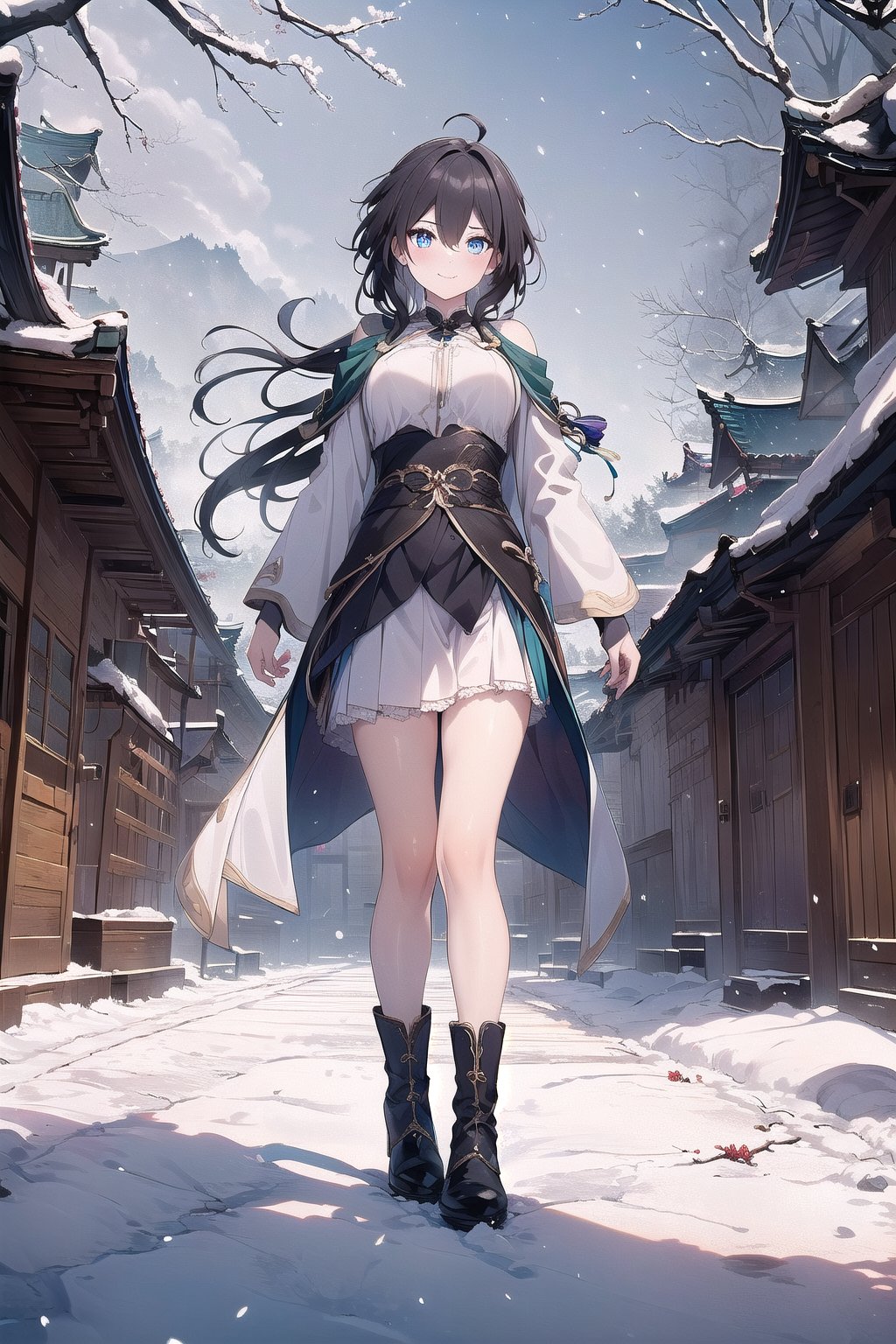 masterpiece, best quality, very aesthetic, absurdres, (recent), 1girl, solo, looking at viewer, blush, smile, long hair, bangs, skirt, shirt, blue eyes, long sleeves, closed mouth, standing, white shirt, ahoge, black hair, pleated skirt, boots, outdoors, frills, day, belt, hood, cape, black footwear, tree, blue sky, parted bangs, white skirt, cloak, snow, snowing, winter, green cape, (artsc), (Ruan-mei)