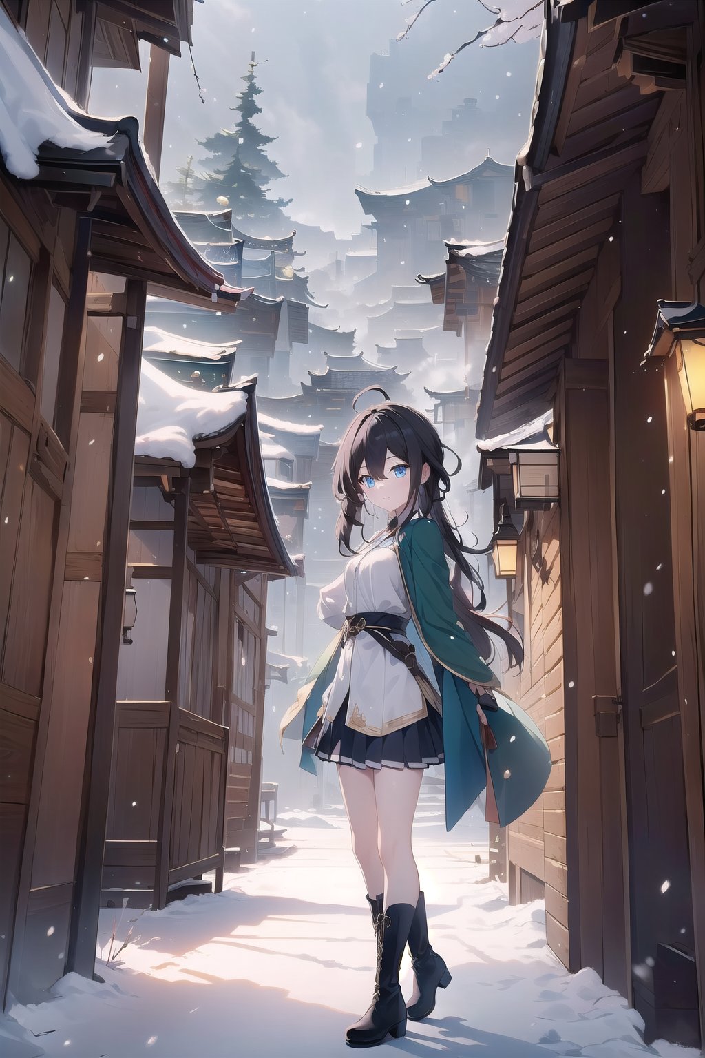 masterpiece, best quality, very aesthetic, absurdres, (recent), 1girl, solo, looking at viewer, blush, smile, long hair, bangs, skirt, shirt, blue eyes, long sleeves, closed mouth, standing, white shirt, ahoge, black hair, pleated skirt, boots, outdoors, frills, day, belt, hood, cape, black footwear, tree, blue sky, parted bangs, white skirt, cloak, snow, snowing, winter, green cape, (artsc), (Ruan-mei)