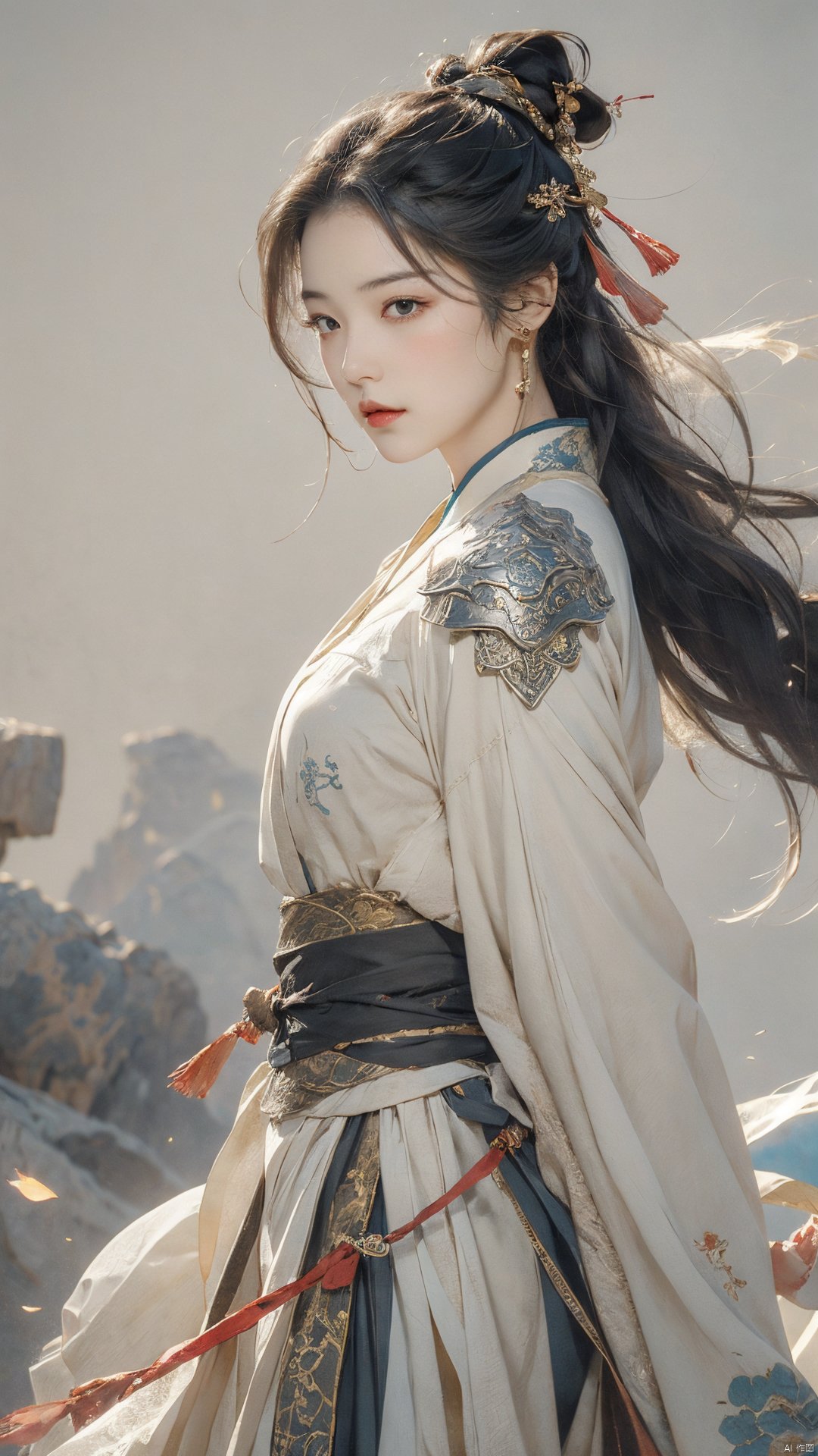  masterpiece,best quality,1girl, beautiful chinese girl, (beautiful detailed armor), (beautiful detailed hanfu), black eyes,
Game art,The best picture quality,Highest resolution,8K,(Head close-up),(Rule of thirds),(Female Warrior),
An eye rich in detail,(knightess),Elegant and noble,indifferent,brave,bandeau top,
(Ancient runes of light,Combat accessories with rich details,Metallic luster)
(super fucking cool:1.2)