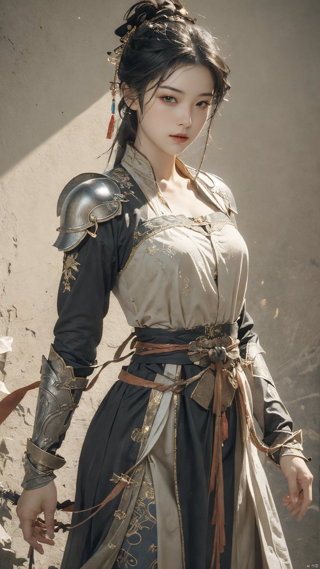  masterpiece,best quality,1girl, beautiful chinese girl, (beautiful detailed armor), black eyes,
Game art,The best picture quality,Highest resolution,8K,(Head close-up),(Rule of thirds),Unreal Engine 5 rendering works, (The Girl of the Future),(Female Warrior),
An eye rich in detail,(knightess),Elegant and noble,indifferent,brave,bandeau top,
(Ancient runes of light,Combat accessories with rich details,Metallic luster)
photo poses,simple background,Ray tracing,Game CG,(3D Unreal Engine),OC rendering reflection pattern,
super fucking cool,