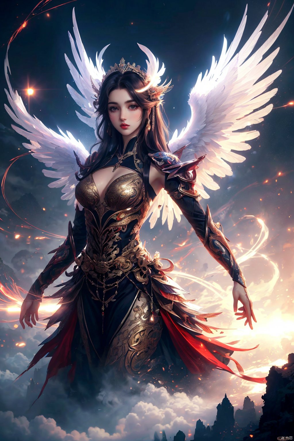 Angel Wings,Morgana ,(masterpiece, best quality:1.4),（big wings:1.5）,realistic anime style,(long exposure,shining light),dynamic streaks,luminous trails,vibrant colors,fluid movement,captivating patterns,creative experimentation,(1boy),(highest detailed),(masterpiece,best quality),Illustrative style,1boy,(masterpiece, top quality, best quality, official art, beautiful and aesthetic:1.2), huliya, qingyi, Mecha, jijianchahua, (/qingning/), jiqing, drakan_longdress_dragon crown_headdress, cyberpunk, Arien view, FANTASY