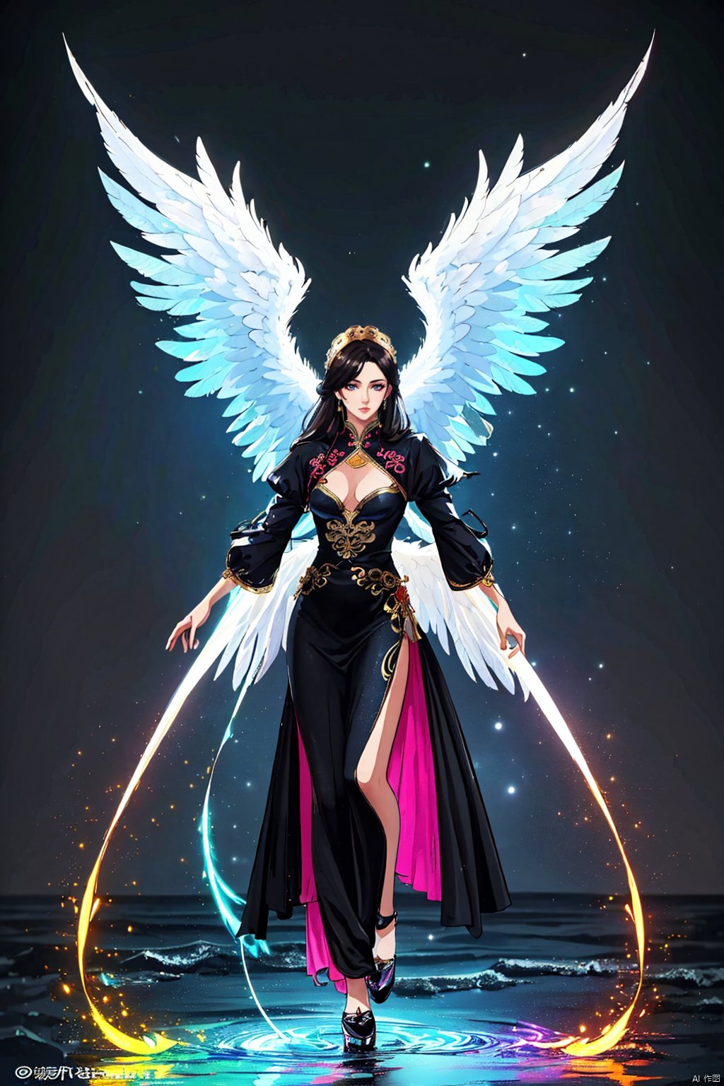 Angel Wings,Morgana ,(masterpiece, best quality:1.4),（big wings:1.5）,realistic anime style,(long exposure,shining light),dynamic streaks,luminous trails,vibrant colors,fluid movement,captivating patterns,creative experimentation,(1boy),(highest detailed),(masterpiece,best quality),Illustrative style,1boy,(masterpiece, top quality, best quality, official art, beautiful and aesthetic:1.2), huliya, qingyi, Mecha, jijianchahua, (/qingning/), jiqing, drakan_longdress_dragon crown_headdress, cyberpunk, Arien view