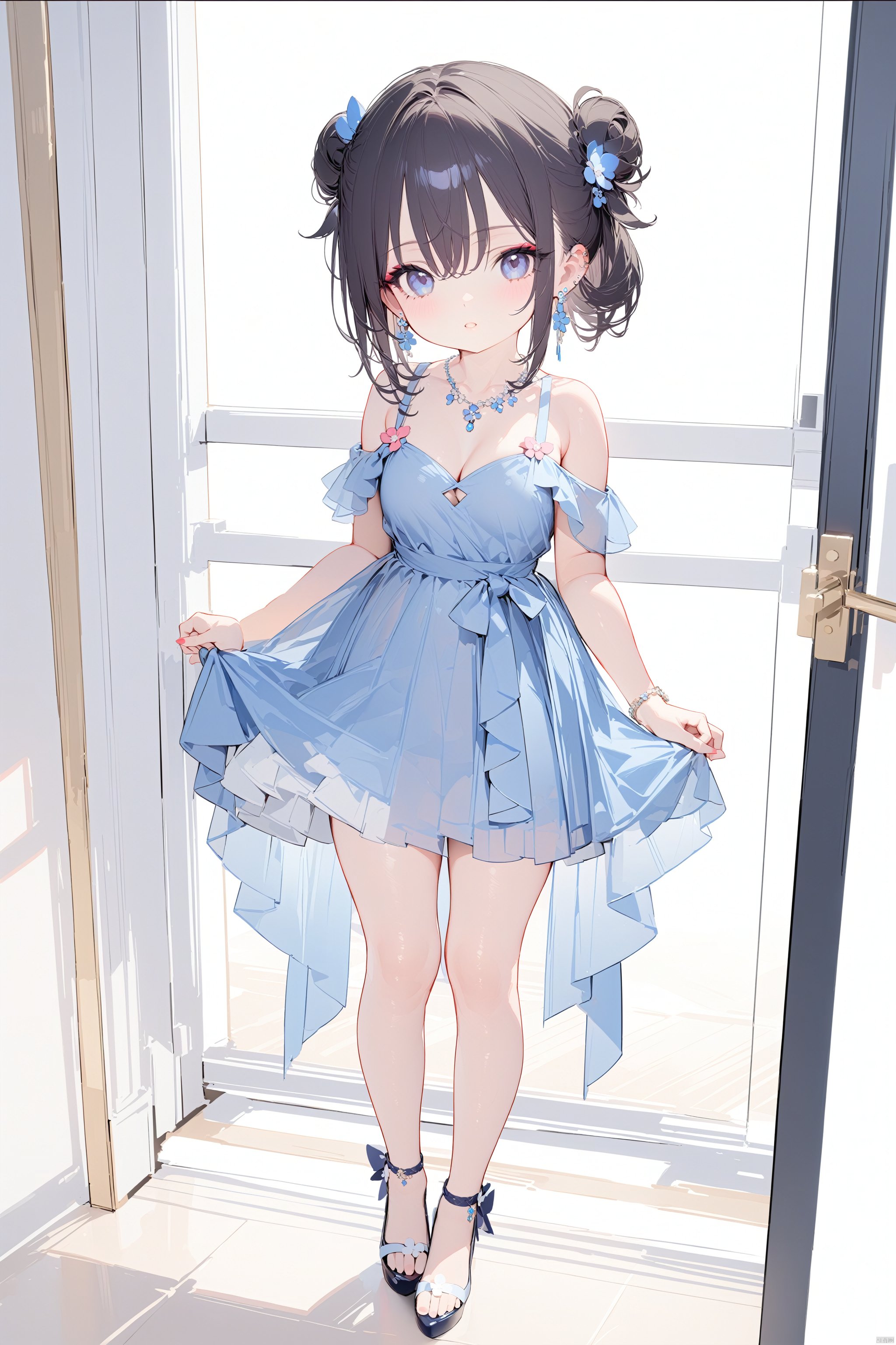  (masterpiece),(best quality),(loli),(petite),1girl, anklet, bare_shoulders, black_hair, blue_dress, breasts, cleavage, dress, earrings, hair_bun, high_heels, jewelry, large_breasts, legs, looking_at_viewer, makeup, mole, necklace, solo, standing, thighs, tied_hair