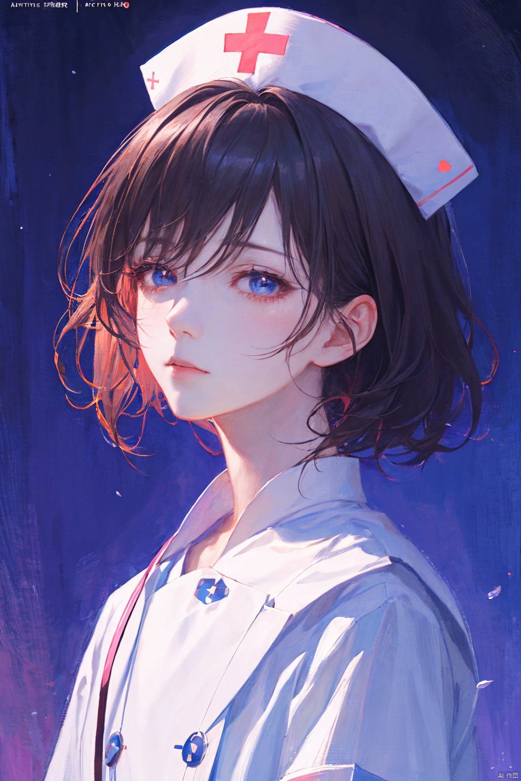 a woman in a nurse uniform, light blue nurse suit, black hair, short black hair, innocent expression, nurse hat, beautiful anime portrait, digital anime illustration, beautiful anime style, fantasy medical worker, anime illustration, anime fantasy illustration, character painting, trending on artstration,（\personality\）