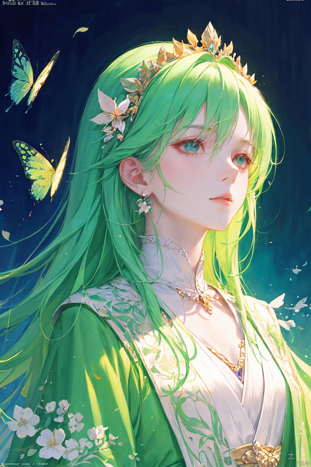 a woman in a green dress, long hair, light green hair, hair shawl, earring, fluffy hair, butterfly headdress, hairband with a diamond on her head, beautiful anime portrait, palace, digital anime illustration, beautiful anime style, a beautiful fantasy princess, anime illustration, anime fantasy illustration, beautiful character painting, trending on artstration,（\personality\）