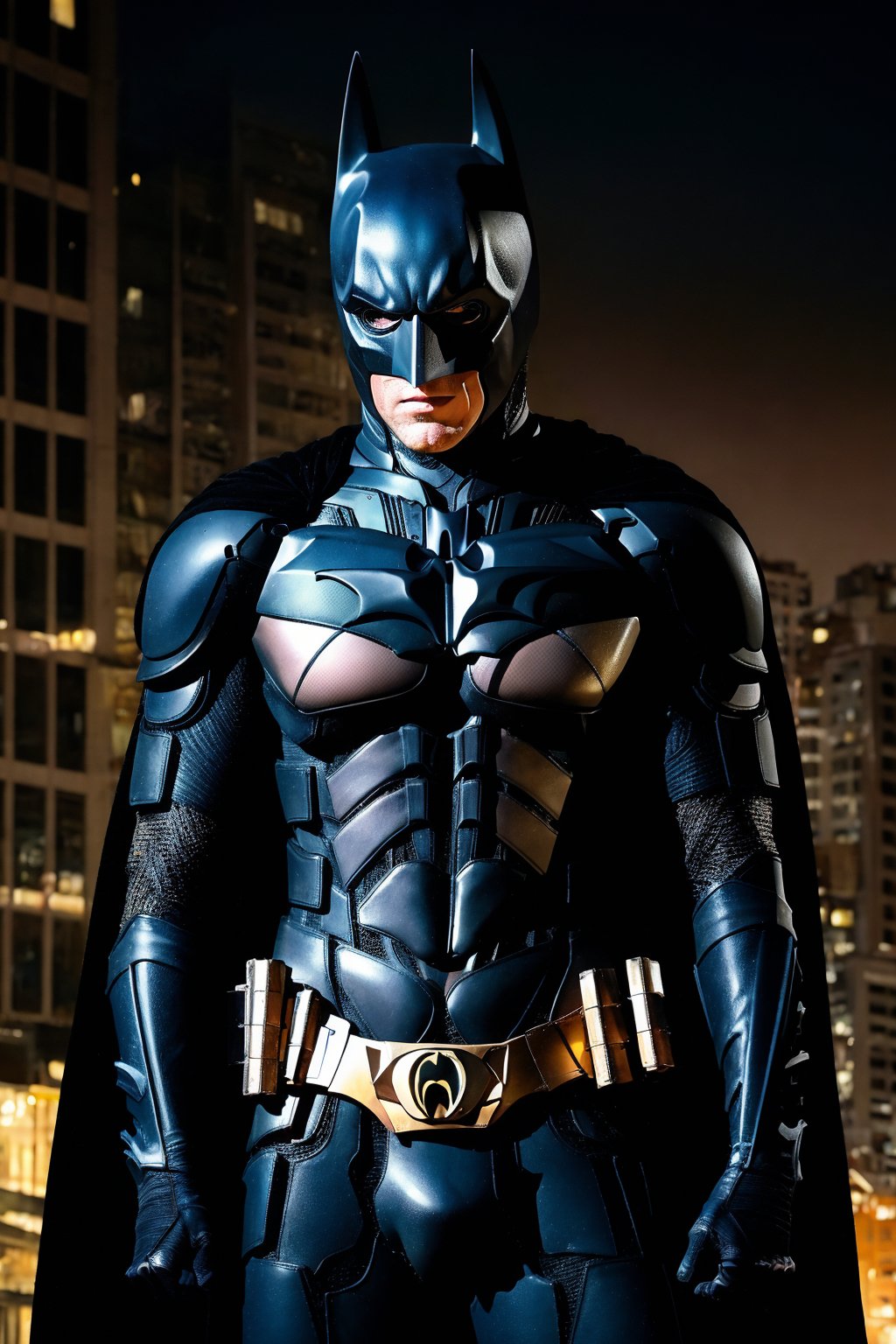 (masterpiece), (best quality), 1boy, Batmancb, looking at viewer, mask, bodysuit, belt, cape, gloves, city, night, realistic,Masterpiece