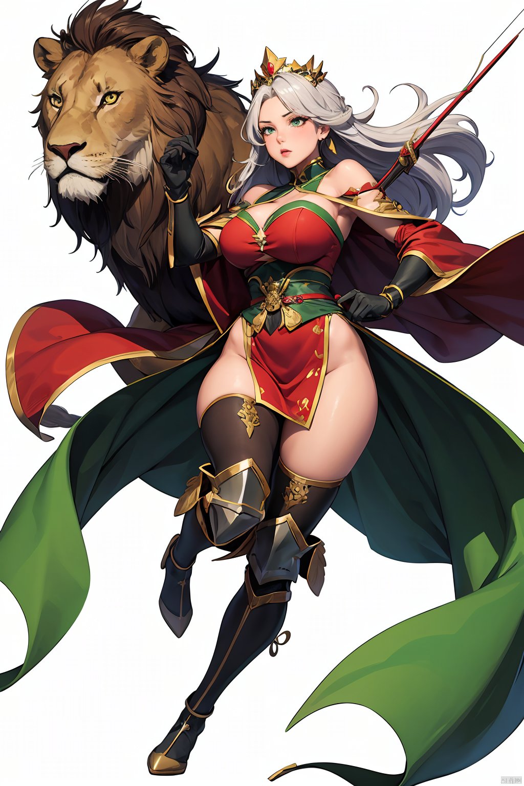  1girl, solo, gloves,long hair, focusing intensely,Hold the iron tire bow with the left hand and draw a bow and shoot arrows, Wearing a jade crown, shining silver armor, and wearing a lion headband. Treading towards the sky with cow tendon boots; Wearing a crimson cloak on her shoulders, carrying a three foot green blade on her waist, coupled with her tall figure and resolute expression,clean white background,