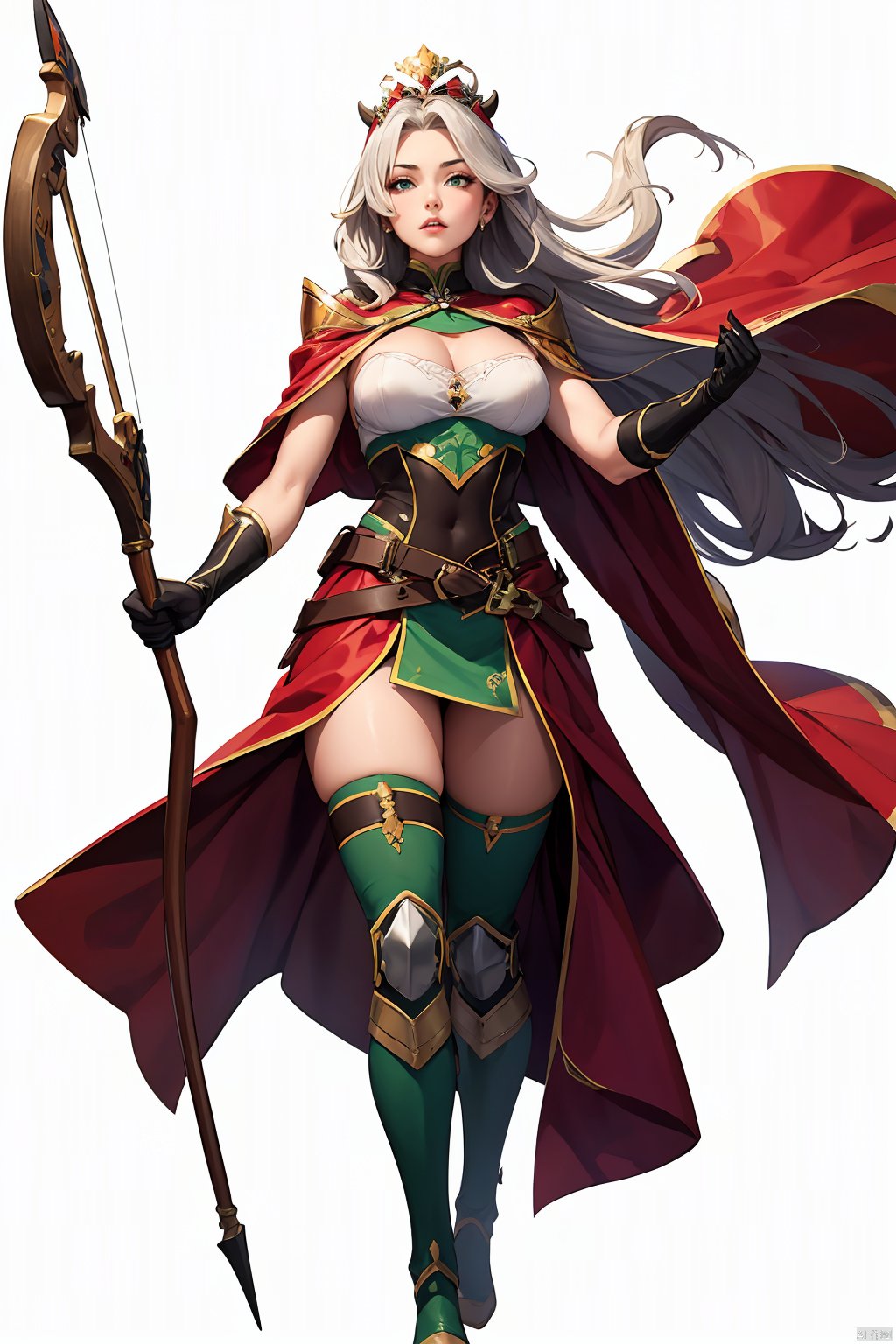  1girl, solo, gloves,long hair, focusing intensely,Hold the iron tire bow with the left hand and draw a bow and shoot arrows, Wearing a jade crown, shining silver armor, and wearing a lion headband. Treading towards the sky with cow tendon boots; Wearing a crimson cloak on her shoulders, carrying a three foot green blade on her waist, coupled with her tall figure and resolute expression,clean white background,