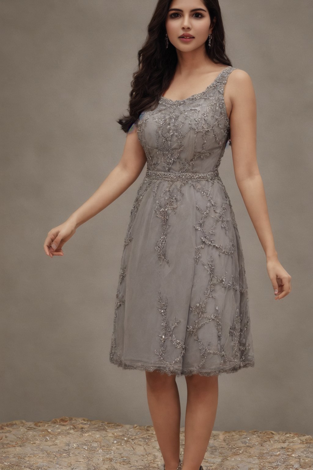 1 woman, beautiful, cute, detailed full body shot,  sexy grey dress, 8k, Ultrarealistic, masterpiece,kalyanipriyadarshini1993