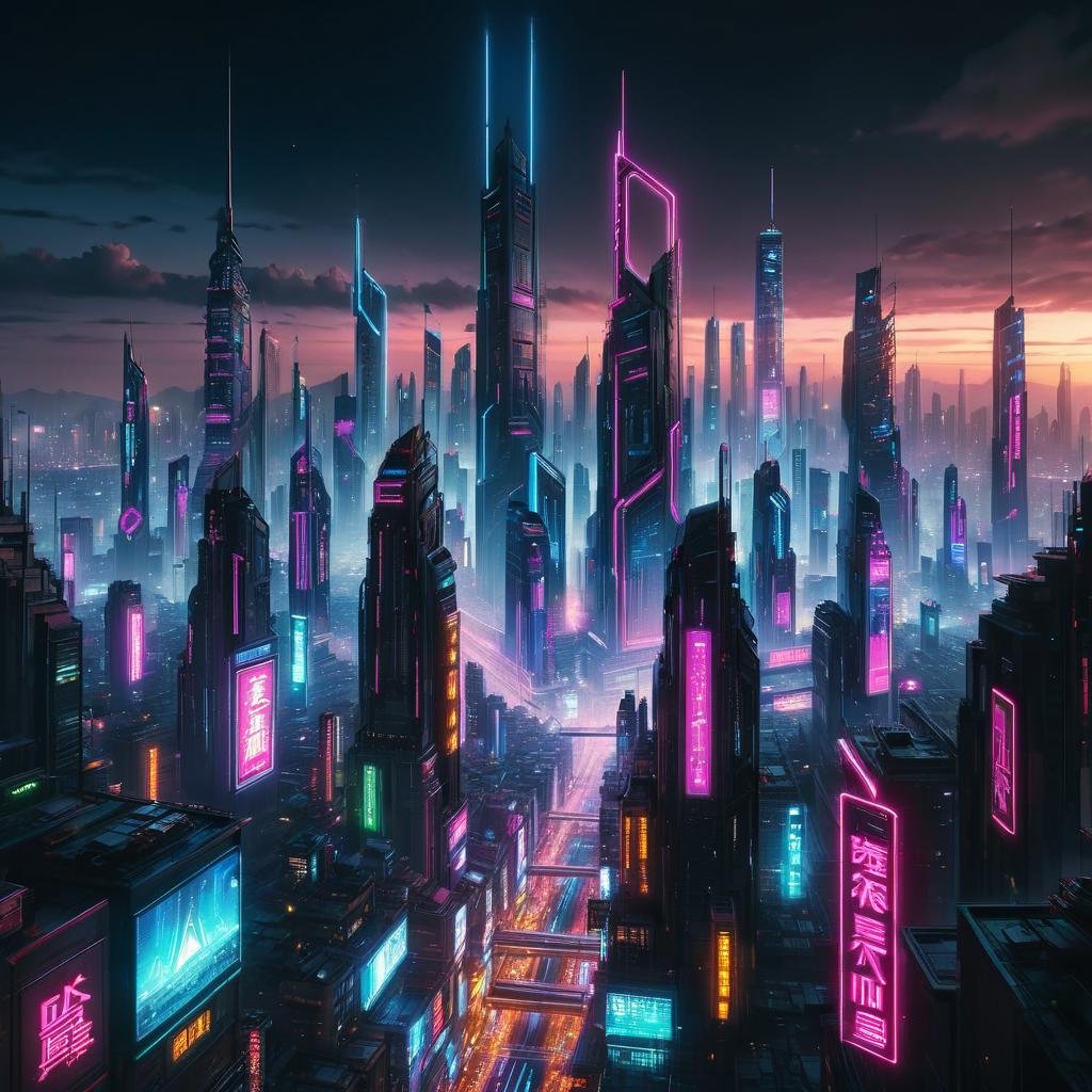 Masterpiece,8k,absurd resolution,IImaginaryCityScapes,cyberpunk city,outdoors,sky,no humans,night,building,scenery,science fiction,city,cityscape,skyscraper,city lights,neon,futuristic,<lora:City_scapes_XL:0.45>