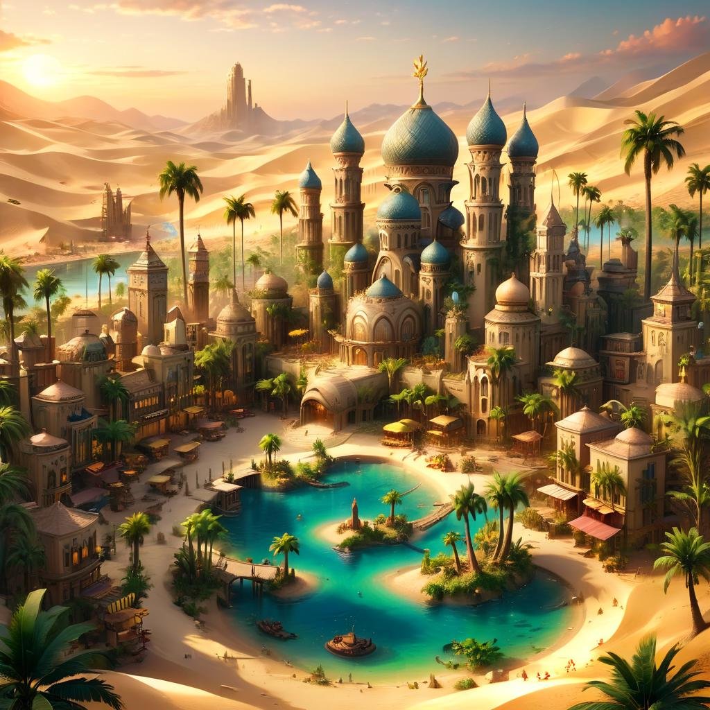 Masterpiece,8k,absurd resolution,IImaginaryCityScapes,oasis city,outdoors,sky,cloud,water,tree,no humans,water,building,scenery,sunset,city,sand,palm trees,banana trees,watercraft,towers,<lora:City_scapes_XL:0.6>