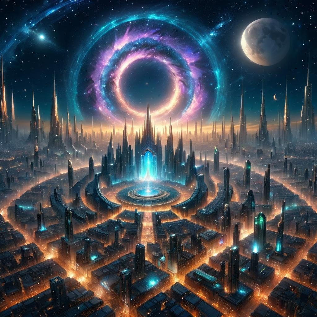 Masterpiece,8k,absurd resolution,IImaginaryCityScapes,astral city,sky,no humans,night,glowing,moon,building,star (sky),night sky,scenery,starry sky,science fiction,fantasy,cityscape,space,,city lights,astral portal focus,<lora:City_scapes_XL:0.45>