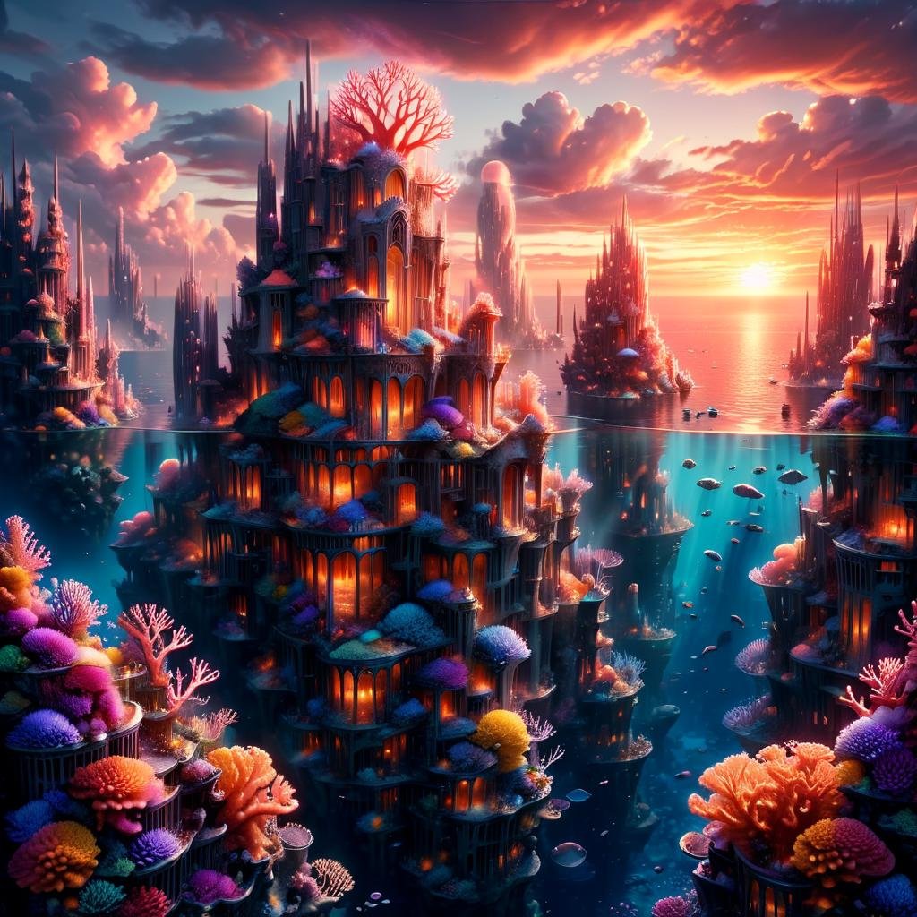 Masterpiece,8k,absurd resolution,IImaginaryCityScapes,underwater city,outdoors,sky,cloud,water,xray effect on water,building,scenery,sunset,city,fantasy,cityscape,coral,<lora:City_scapes_XL:0.6>