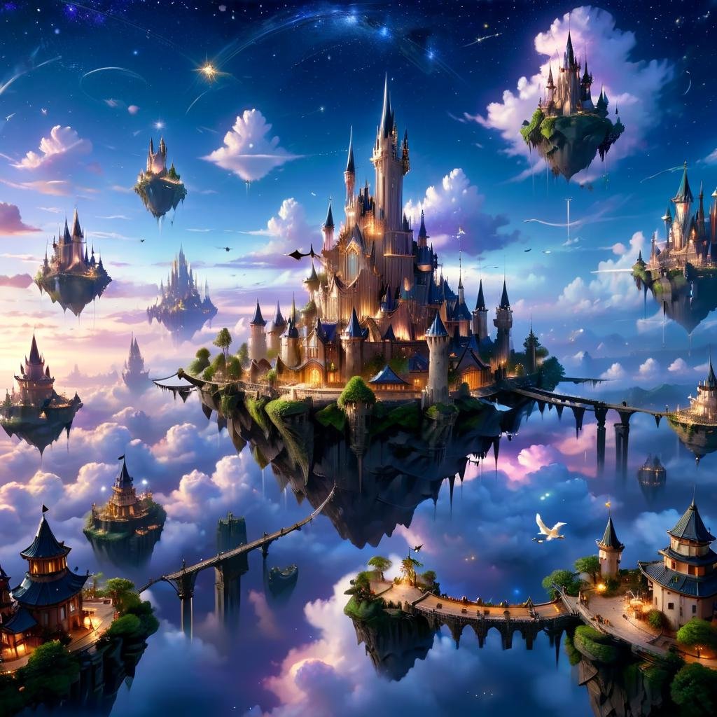 Masterpiece,8k,absurd resolution,ImaginaryCityScapes,floating city,outdoors,sky,cloud,tree,no humans,bird,building,star (sky),scenery,starry sky,city,fantasy,cityscape,architecture,bridge,castle,tower,floating island <lora:City_scapes_XL:0.6>