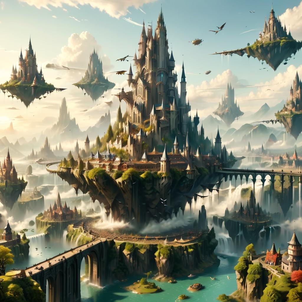 Masterpiece,8k,absurd resolution,IImaginaryCityScapes,floating city,outdoors,sky,day,cloud,water,tree,no humans,bird,building,scenery,mountain,city,aircrafts,fantasy,cityscape,bridge,river,castle,tower,waterfall,landscape,air city,gigantic,<lora:City_scapes_XL:0.6>