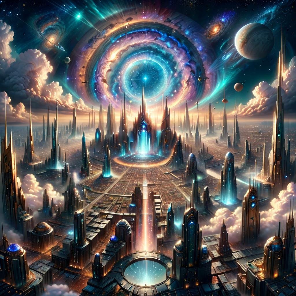 Masterpiece,8k,absurd resolution,IImaginaryCityScapes,astral city,outdoors,sky,cloud,no humans,building,star (sky),scenery,starry sky,science fiction,city,fantasy,cityscape,planet,city lights,<lora:City_scapes_XL:0.6>