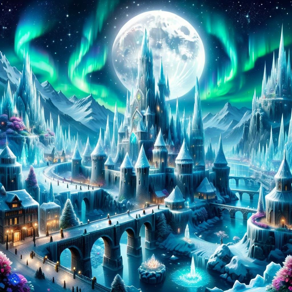 Masterpiece,8k,absurd resolution,IImaginaryCityScapes,icy city,flower,outdoors,sky,water,tree,night,moon,building,star (sky),night sky,scenery,full moon,starry sky,crystal,mountain,city,fantasy,bridge,castle,tower,aurora,<lora:City_scapes_XL:0.6>