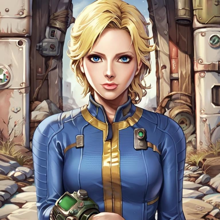 score_9, score_8_up, score_7_up,fallout,vault uniform,1girl,solo,looking at viewer,blue eyes,blonde hair,lips,bodysuit,science fiction,pip boy on left  hand,source_anime <lora:fallout_pony:0.8>