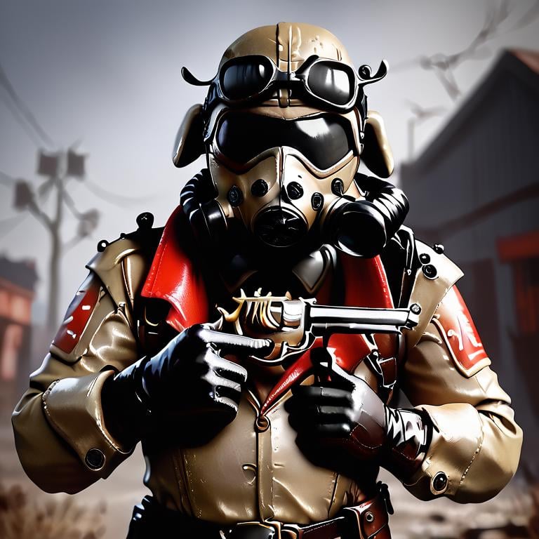 score_9, score_8_up, score_7_up, score_6_up, score_5_up, score_4_upFallout,solo,gloves,1boy,holding,weapon,male focus,holding weapon,armor,gun,mask,goggles,holding gun,handgun,realistic,revolver,gas mask,red glasses on gas mask <lora:fallout_pony:0.8>