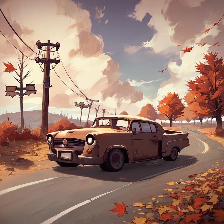 score_9, score_8_up, score_7_up,fallout,outdoors,sky,cloud,tree,no humans,ground vehicle,scenery,motor vehicle,car,road,autumn leaves,vehicle focus <lora:fallout_pony:0.8>