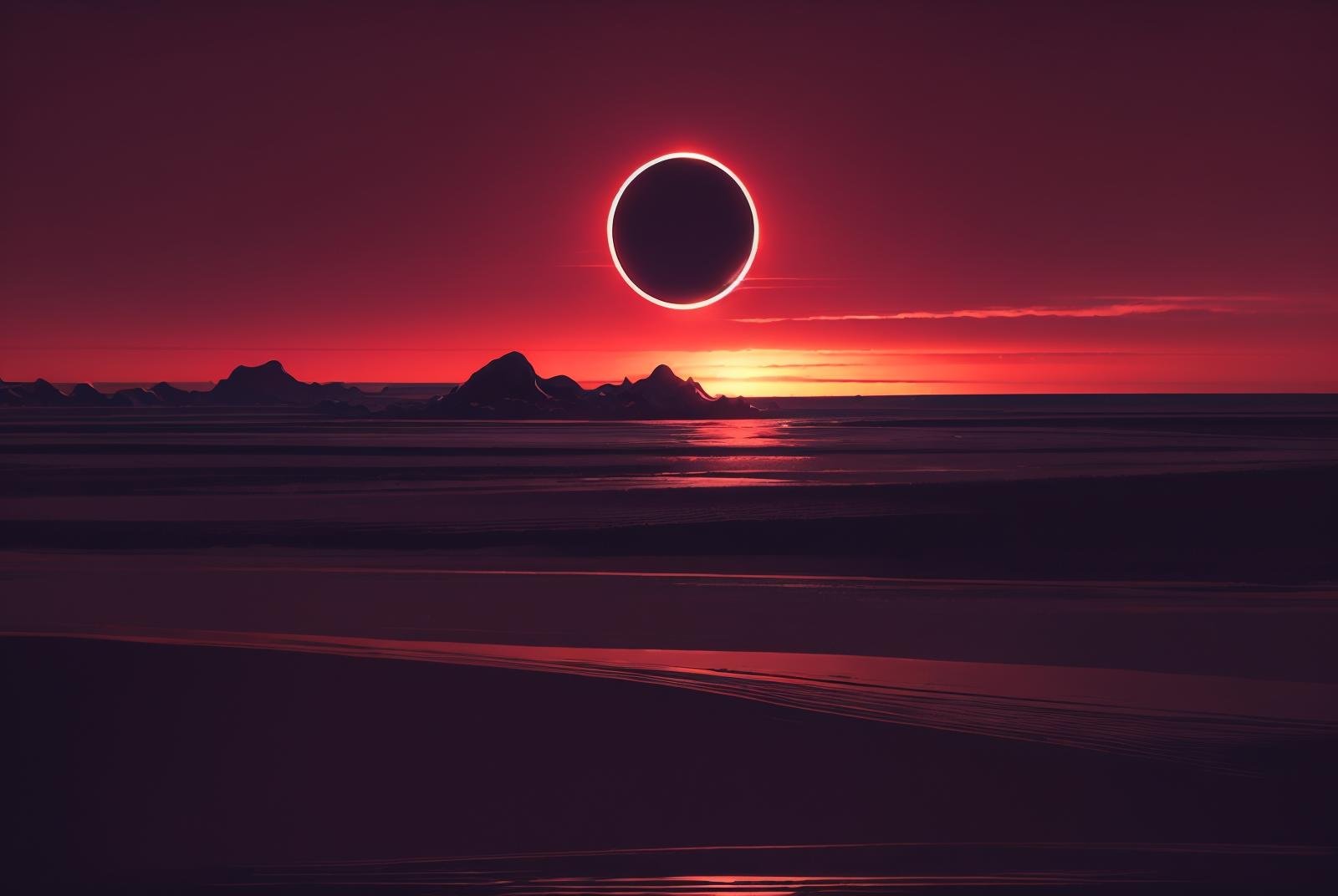 eclipse,outdoors,sky,cloud,water,no humans,ocean,scenery,sunset,sun,horizon,planet,red sky, <lora:EclipseSD:0.81>, <lora:add_detail:0.8>