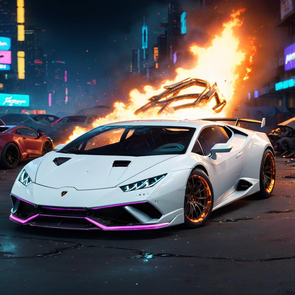 HuracánCar,sports car,white car,masterpiece, <lora:Huracán_XL:0.6>,front isometric view,neon lights tires,((fire from body)),cyberpunk background, smooth outer texture ,bokeh,cinematic shot,big tires,destroyed cars in background