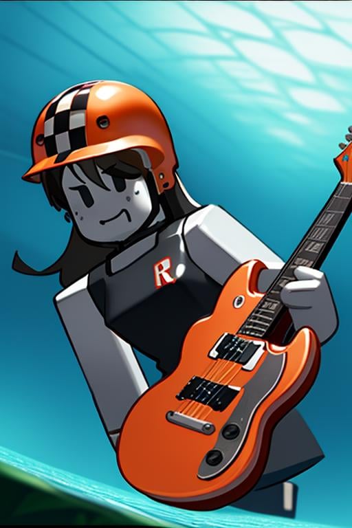 sk8r, helmet, <lora:sk8r-06:1>, underwater, dutch angle, playing guitar,, masterpiece, best quality