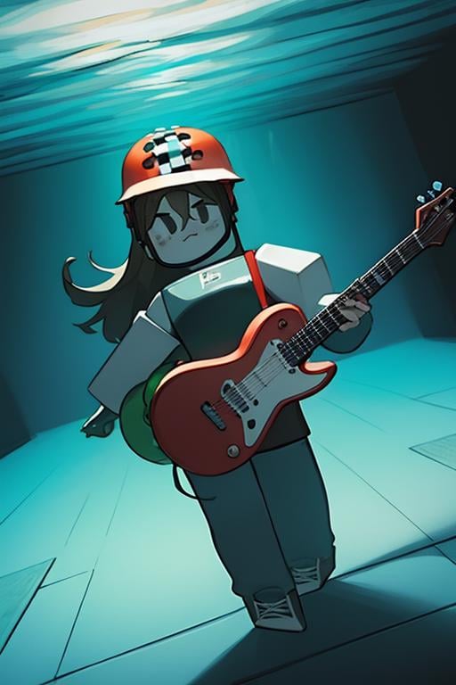 sk8r, helmet, <lora:sk8r-05:1>, underwater, dutch angle, playing guitar,, masterpiece, best quality