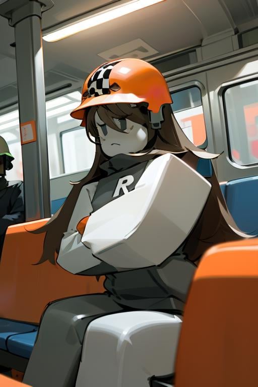 sk8r, helmet, <lora:sk8r-05:1>, sitting in train, inside metro train, bottom view, solo, patiently sitting, crossed arms,, masterpiece, best quality