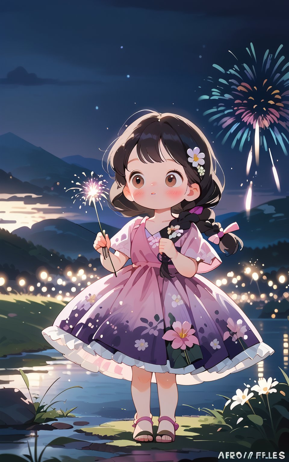 score_9,score_8_up,score_7_up, chibi, chibi style, 1girl,long hair,blush,bangs,black hair,hair ornament,dress,holding,brown eyes,braid,flower,full body,outdoors,parted lips,sky,water,black eyes,night,depth of field,blurry background,glowing,floral print,grass,pink dress,night sky,hair over shoulder,purple dress,tareme,mountain,fireworks,fireflies,sparkler