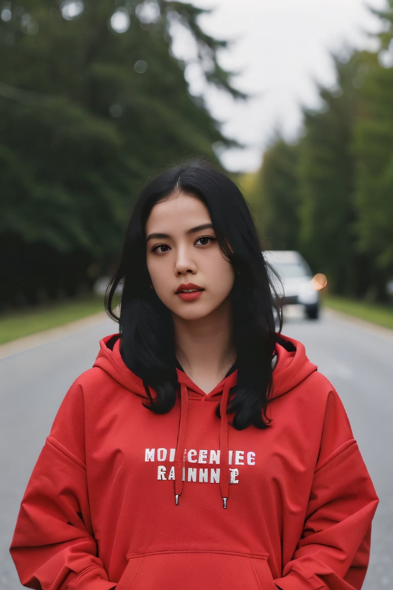 1girl, solo, black hair, closed mouth, upper body, outdoors, hood, blurry, black eyes, lips, hoodie, blurry background, hood down, ground vehicle, clothes writing, motor vehicle, realistic, car, red hoodie