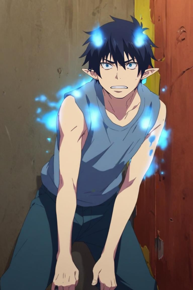 score_9, score_8_up, score_7_up, source_anime, semi-realistic, , , , 1boy, solo, male focus, <lora:rin_okumura_pony:0.8>, rin_okumura, , pointy ears, blue fire, , science fiction dystopian, Leaning forward with curiosity, <lora:sdxl_lightning_8step_lora:1>