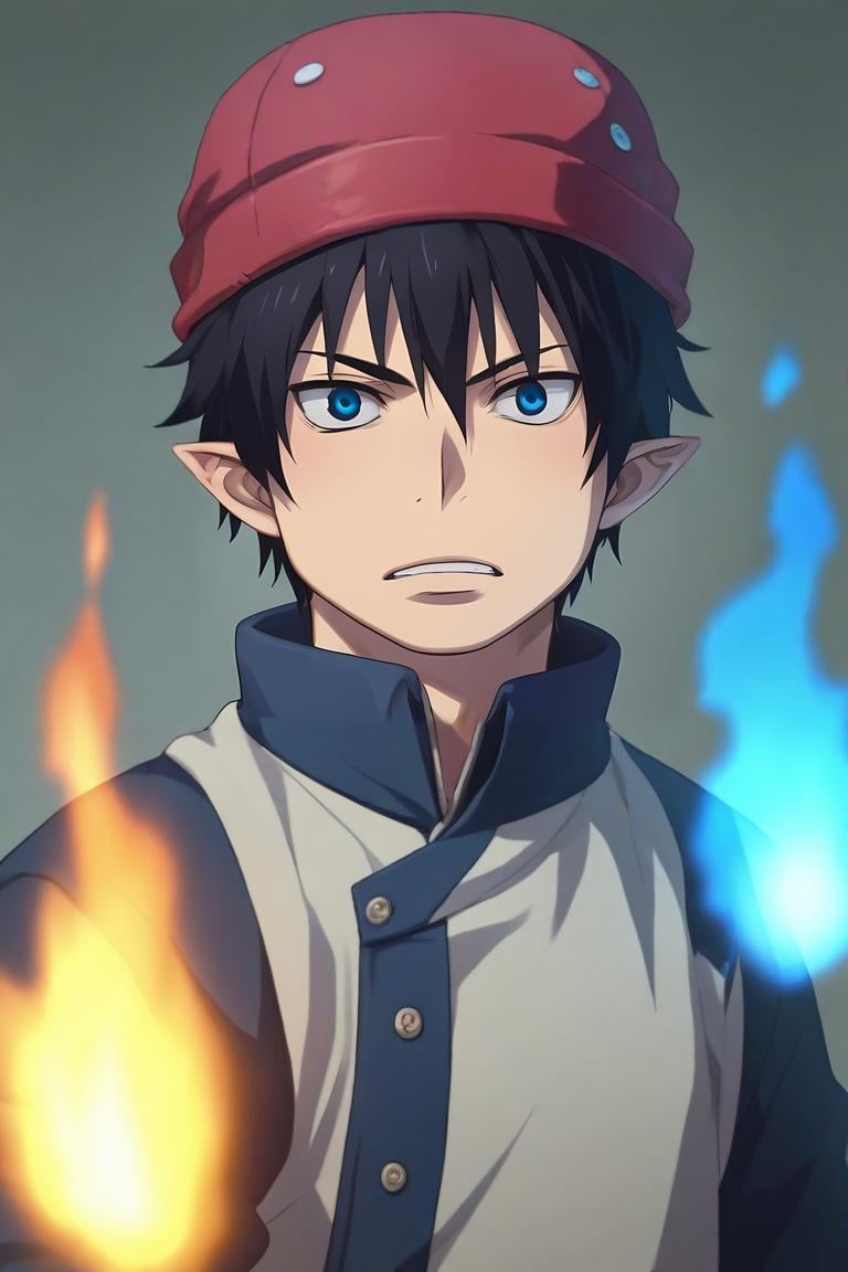 score_9, score_8_up, score_7_up, source_anime, (realistic:0.6), , upper body, , 1boy, solo, male focus, <lora:rin_okumura_pony:0.78>, rin_okumura, black hair, blue eyes, pointy ears, blue fire, , bobble hat, , , <lora:sdxl_lightning_8step_lora:1>