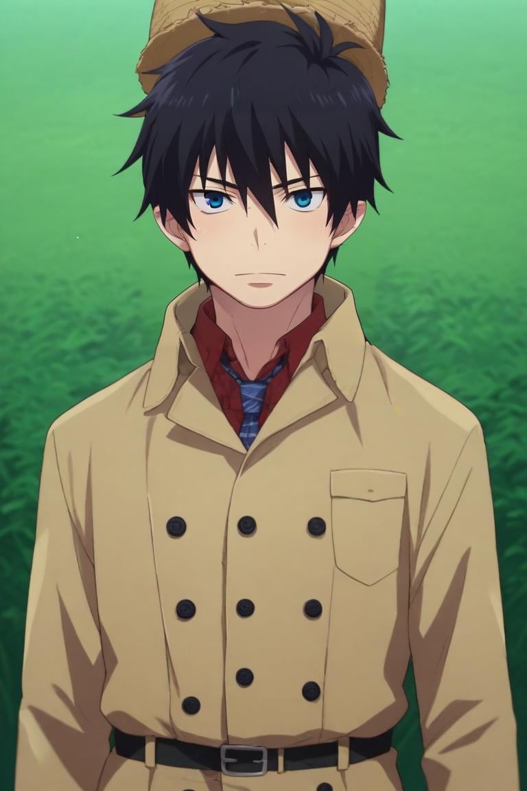 score_9, score_8_up, score_7_up, source_anime, semi-realistic, looking at viewer, , depth of field, 1boy, solo, male focus, <lora:rin_okumura_pony:0.78>, rin_okumura, black hair, blue eyes, , scarecrow costume, trench, , <lora:sdxl_lightning_8step_lora:1>