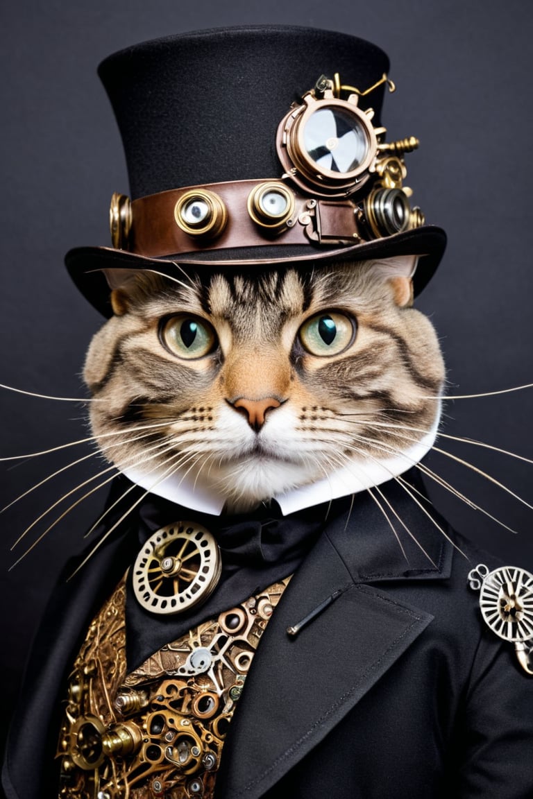 a beautiful high definition crisp portrait of a steampunk cat