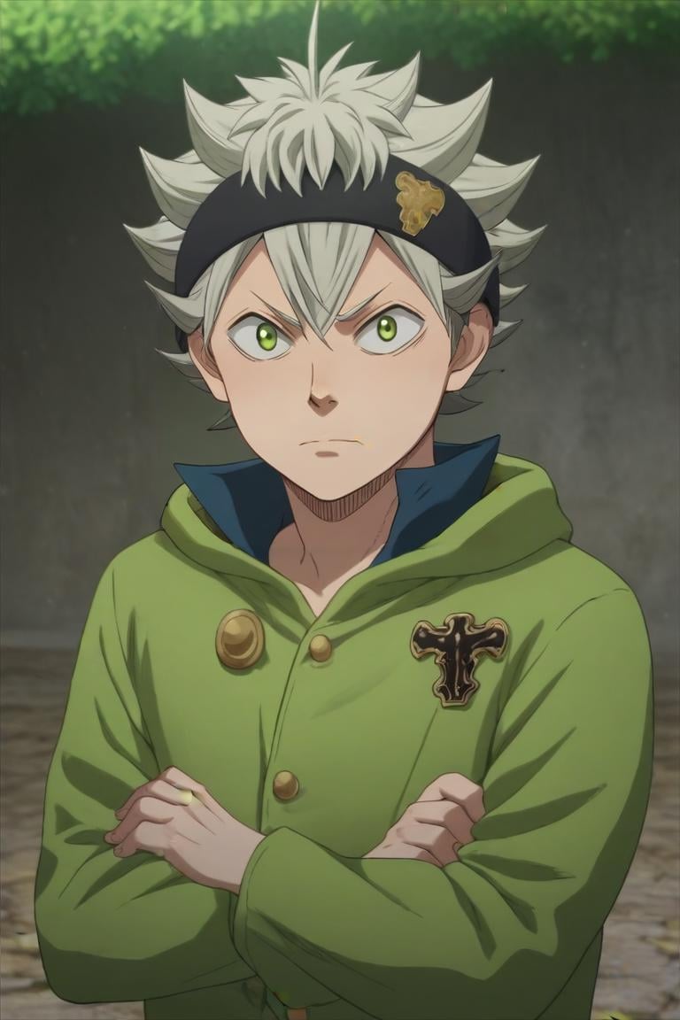 score_9, score_8_up, score_7_up, source_anime, (realistic:0.6), , upper body, depth of field, 1boy, solo, male focus, <lora:asta_black_clover_pony:0.9>, asta_black_clover, grey hair, green eyes, spiked hair, , , pea coat,, The Isle of Doom, Arms crossed tightly, suggesting defensiveness or discomfort, <lora:sdxl_lightning_8step_lora:1>