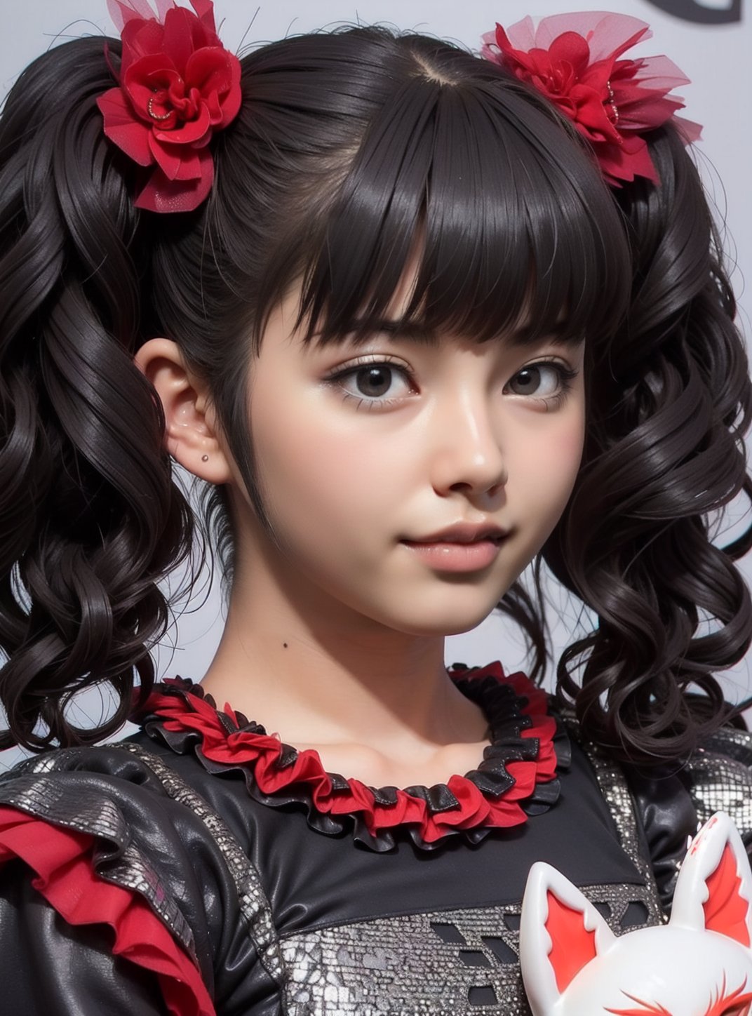 yui, mizuno, yuimetal, babymetal, 1girl, solo, looking at viewer, smile, black hair, hair ornament, twintails, upper body, frills, blunt bangs, nail polish, black eyes, lips, v, mask, black nails, realistic, fox mask, voice actor,nkrphoto,3DMM